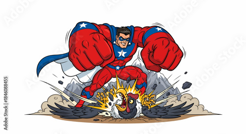 Superhero in red and blue costume with star emblem defeats a monster.