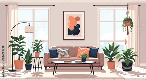 Modern and cozy living room interior with a comfortable sofa, numerous green house plants, and abstract art in a bright space.