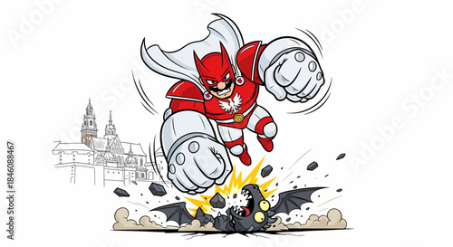 Superhero in red suit punching enemy with powerful fists in action.