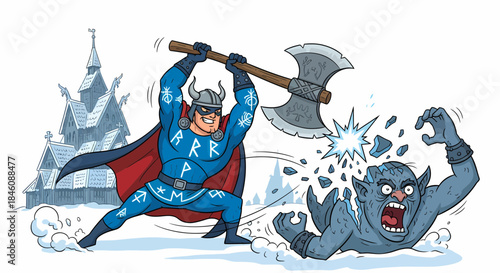 Superhero in blue costume with horned helmet wielding a doublebladed axe against a monster.