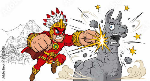 Superhero punches llama with incredible force and power in action.