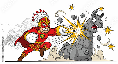 Superhero punches stone llama statue with dynamic action and vibrant colors.