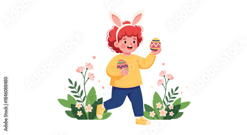 Happy child with red hair and bunny ears running through a field of spring flowers while on an Easter egg hunt.