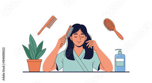 A serene woman with long dark hair enjoys her daily hair care routine, combing her hair with various brushes and products nearby.