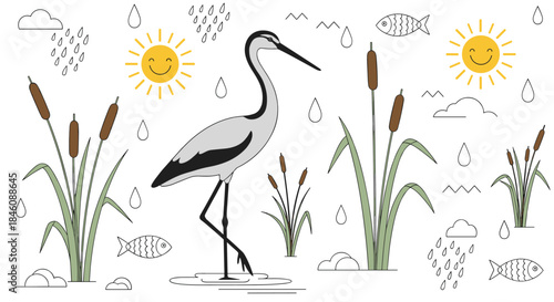 A minimalistic line art illustration of a heron wading in a pond with reeds, smiling suns, and fish on a white background.
