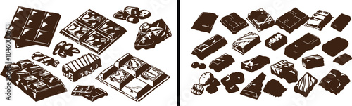 Chocolate Vector Illustration, Sweet Dessert Icons, Cocoa Bar Design, Chocolate Pieces Clipart, Candy Food Artwork, Bakery Dessert Vector, Gourmet Chocolate Graphics, Sweet Treat Illustration, Confect