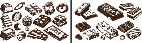 Chocolate Vector Illustration, Sweet Dessert Icons, Cocoa Bar Design, Chocolate Pieces Clipart, Candy Food Artwork, Bakery Dessert Vector, Gourmet Chocolate Graphics, Sweet Treat Illustration, Confect