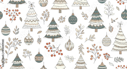 A beautiful seamless Christmas pattern with stylized trees, ornaments, and winter berries in a rustic, hand-drawn folk art style.