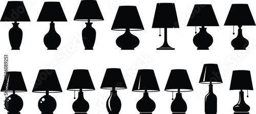 Table lamp silhouette collection, home decor lighting icons, modern lamp shapes, interior design elements, decorative light fixture illustration set