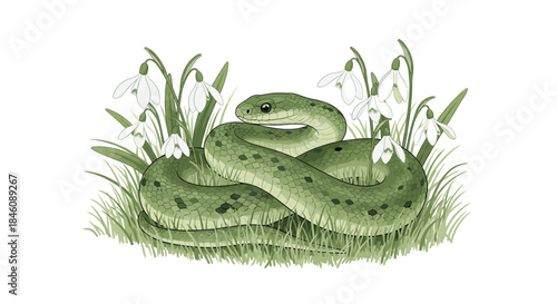 A beautifully detailed illustration of a green snake coiled peacefully in the grass among delicate white snowdrop flowers.