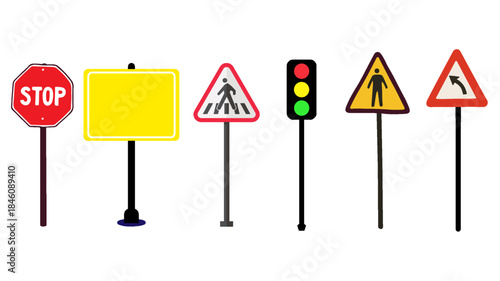 A complete set of road traffic signs including stop sign, warning signs, pedestrian signs, and traffic lights. Ideal for transportation design, education, infographics, and safety illustrations.