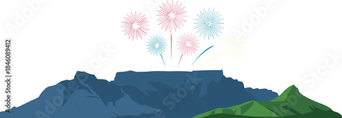 Table Mountain Cape Town South Africa Silhouette with Colorful Fireworks Celebration for New Year, Festival, Event, and Travel Tourism Concept