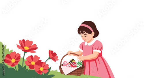 A charming illustration of a little girl in a pink dress finding colorful Easter eggs in her basket among red flowers.
