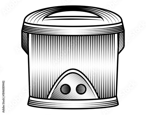 electric rice cooker illustration in vintage woodcut style black and white vector art kitchen appliance for steaming food retro machine object engraved drawing