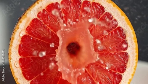 Close up of a juicy grapefruit slice with water splashing.