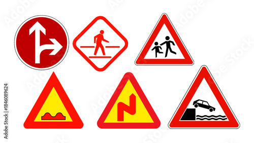 Free Download Triangular traffic warning signs including road hazards, construction alerts, and pedestrian warnings. Suitable for road safety visuals and educational designs. - GFXLoad