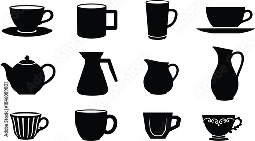 Black coffee cup and teapot silhouette icon set, mugs glasses pitchers isolated vector illustration kitchen beverage collection design elements symbols