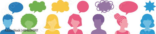 Diverse people communication concept illustration, colorful avatars with speech bubbles, social interaction dialogue ideas isolated vector design background