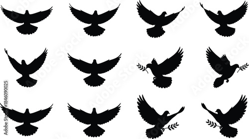 Flying dove bird silhouette icon set, peace symbol pigeons with olive branch isolated vector illustration black wildlife design collection