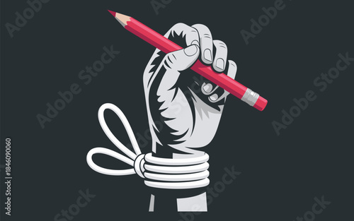 Black and white hand holding red pencil tied with rope, textured paper background banner, conceptual vector illustration, creative freedom and limitation symbolism, artistic protest theme
