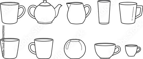 Minimal line art drinkware icon set cups mugs teapot glass pitcher outline style isolated vector illustration kitchen beverage collection