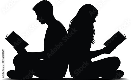 Silhouette couple reading books back to back, man and woman studying together, education concept isolated on white background, vector illustration