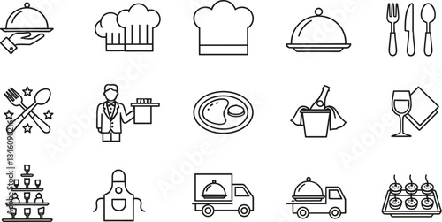 Restaurant and catering line icon set with chef, food service, tableware, delivery and fine dining symbols