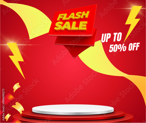 Advertising banner for the "Flash Sale" program. Using a 3D product display stand, with a red background and promotional illustrations.