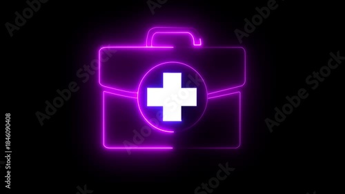 medical box icon with neon glowing effect .medical bag on digital technology neon motion graphic loop animation on black background. 4K Video animation