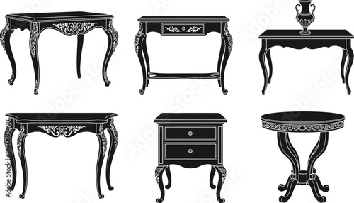 Vintage ornate table silhouettes, classic antique furniture set with carved legs and elegant detailing for interior design, home decor, and restoration projects