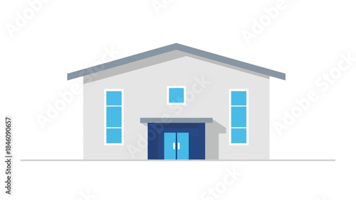 A simple, modern, two-story building with a gray roof, white walls, and bright blue doors and windows.