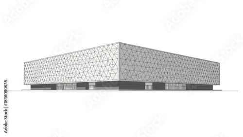A minimalist architectural rendering of a modern, rectangular building with a textured facade, elevated on stilts.