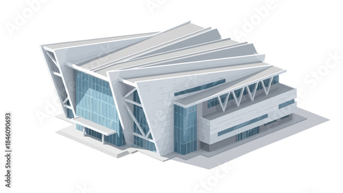 A modern, angular, white and glass building with a unique, folded roof design.