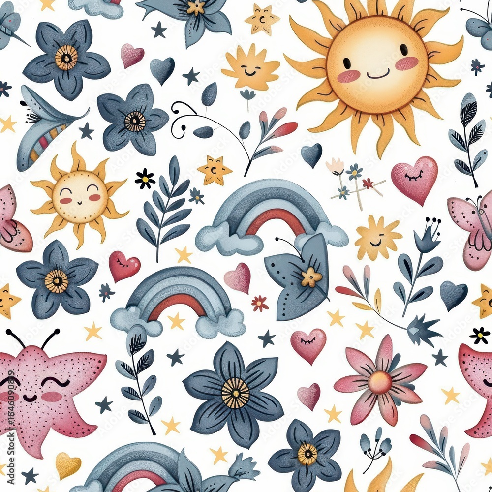 Fototapeta premium Whimsical Sun Moon and Rainbow Pattern with Floral and Heart Motifs