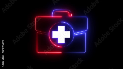 medical box icon with neon glowing effect .medical bag on digital technology neon motion graphic loop animation on black background. 4K Video animation