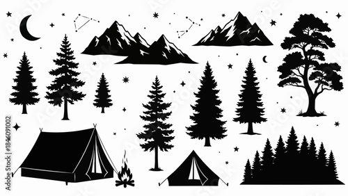 Silhouette collection of camping elements and mountain landscapes under starry sky.