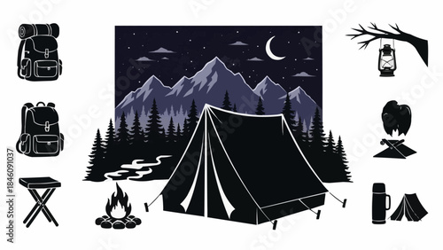 Camping Gear and Nighttime Mountain Scene Illustration.