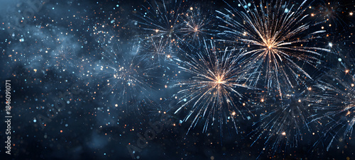 Silvester, New Year's Eve, Festival Party New Year 2026, new years eve Fireworks background banner panorama - firework and sparklers on rustic dark blue night sky texture