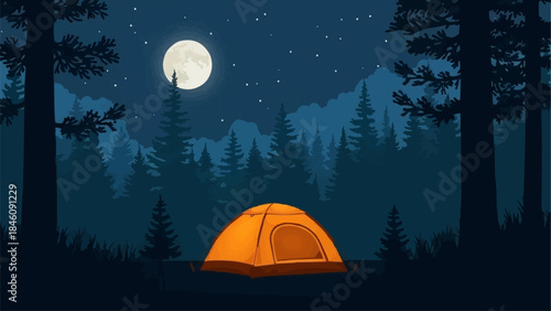 Glowing Orange Tent Under a Starry Night Sky.