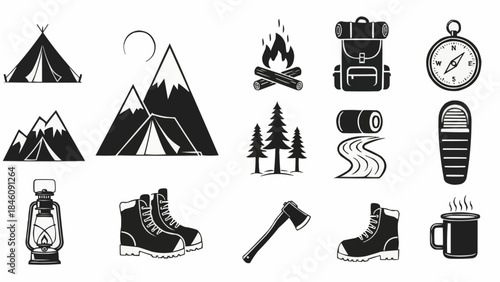 Camping and Hiking Gear Collection Icons Set.
