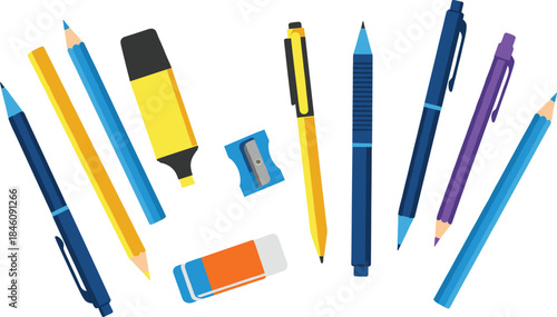 Stationery and writing tools illustration set with pens, pencils, marker, eraser and sharpener for education and office design