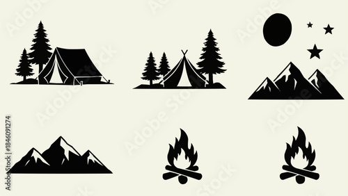 Camping and Mountain Adventure Icons Set.