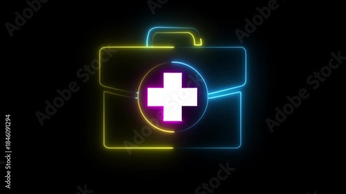 medical box icon with neon glowing effect .medical bag on digital technology neon motion graphic loop animation on black background. 4K Video animation
