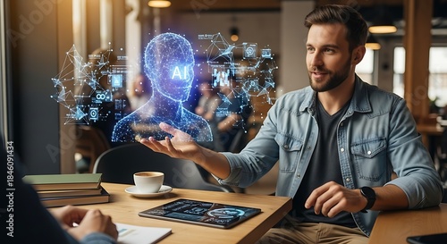 Man Demonstrating Futuristic Holographic Technology.