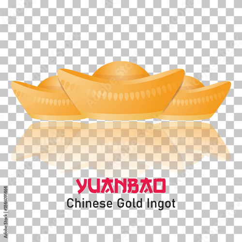 Three golden Chinese Yuanbao ingots with reflection, symbolizing wealth and prosperity, on a transparent background.