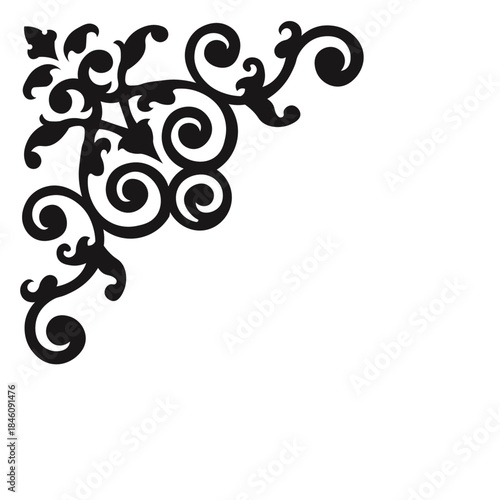This elegant black and white floral design is ideal for decorative borders, logos, or vintage-inspired graphic designs, featuring intricate detailing and curved leaves