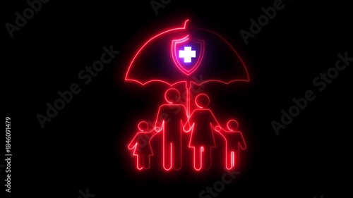 Glowing An animated neon family icon under an umbrella with a medical shield. Represents comprehensive family health insurance, protection and security.4k video animation