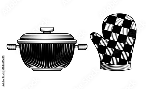 cooking pot and oven mitt illustration set in vintage woodcut style black and white vector art isolated kitchenware and glove engraved drawing sketch