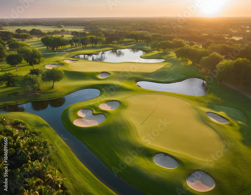 Aerial view of golf course and water at sunrise. An aerial view of a golf course in Florida.