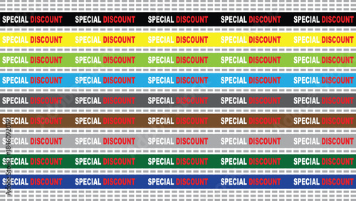 PrintSeamless pattern with colorful "SPECIAL DISCOUNT" ribbons on white background, ideal for sales and promotions.